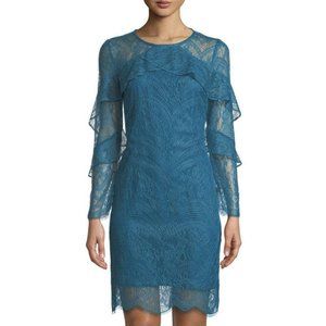 NWT Womens Nanette Lepore L/S Poetic Love Teal Ruffle Trim Lace Shift Dress Sz 8